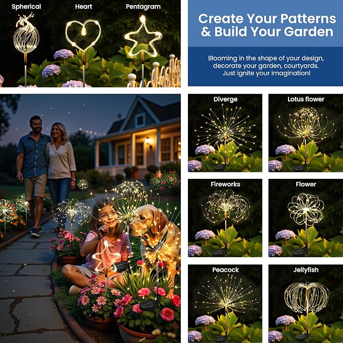 2Pack Solar Lights Outdoor, 120LED Firework Lights | Fireworks Lights Solar Powered, Waterproof Fairy Garden Lights Decor Outside for Yard Pathway Lawn Patio(Warm White)