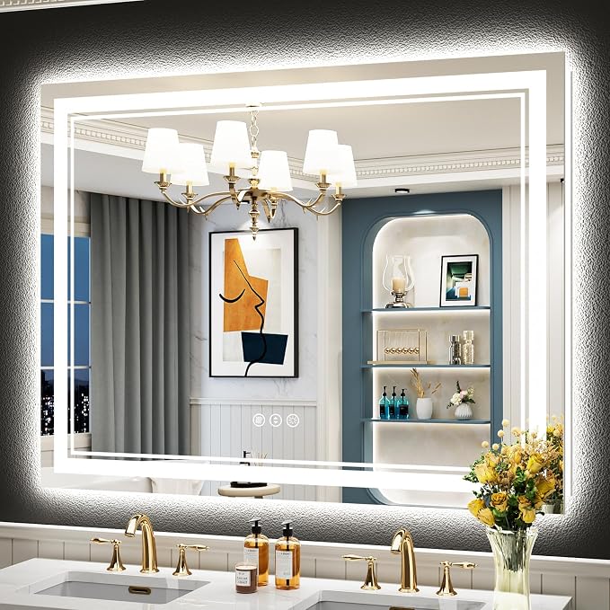 50x40 LED Bathroom Mirror, Backlit & Front Lit Lighted Mirror | Anti-Fog Vanity Mirror with Lights, 3 Color Dimmable, Memory, Shatterproof, Tempered Glass, CRI95, UL Listed, Wall Mounted