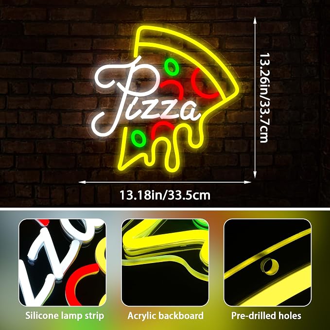 Pizza Neon Sign for Wall Decor Pizza Led Neon light Up Sign for Pizzeria | Dimmable Neon,Birthday Pizza Gifts,5V USB Powered,Resturant,Pizzeria,Party Decor,Business Shop,Dining Hall Art,13.0*13.1in