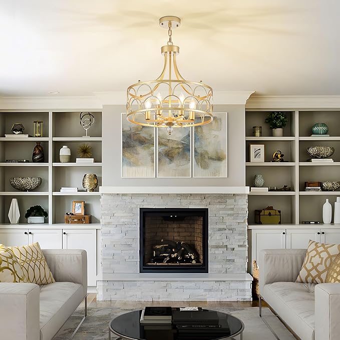 6-Light Gold Chandelier,18.1in Farmhouse Lantern Pendant Light Fixture,Adjustable Hanging Ceiling Lamp with E12 Socket,for Kitchen Island,Bedroom,Entryway,Dining Room