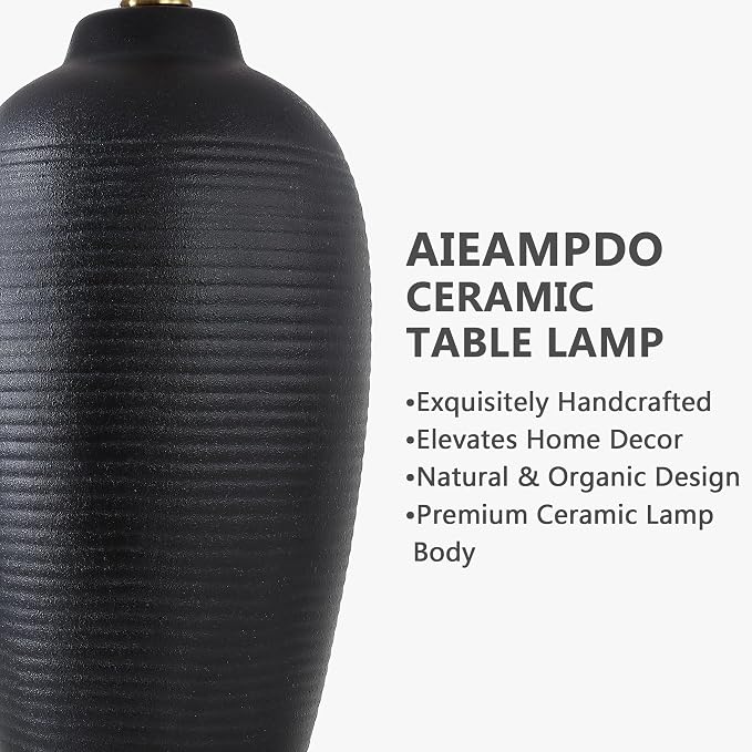 AIEAMPDO 25" Retro Vintage Ceramic Table Lamp for Living Room Bedroom | Farmhouse Rustic Black Bedside Lamp with Natural Textured Finish, Nightstand Lamps for End Table, Bulb Included