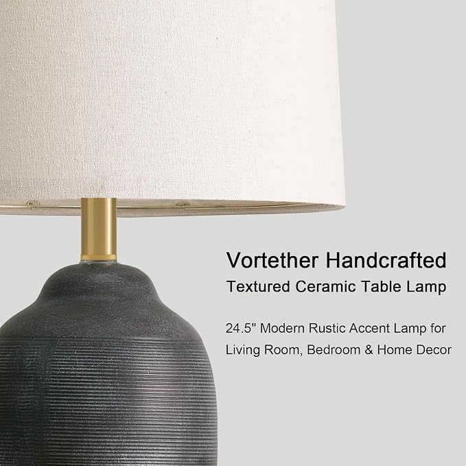 24.5" Vintage Ceramic Table Lamp for Living Room Black Single | Farmhouse Small Nightstand Lamps for Bedroom, Rustic Stone-Textured Ceramic, Home Decor for Bedside, Side End Table, Buffet