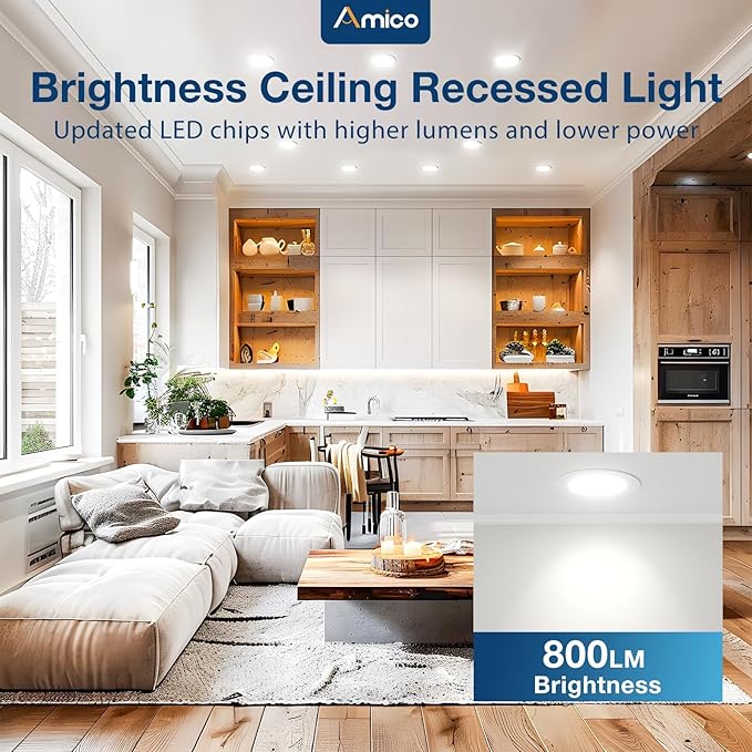 Amico 12 Pack 4 Inch 5CCT Ultra-Thin LED Recessed Dimmable Ceiling Light with Junction Box, 2700K/3000K/3500K/4000K/5000K Selectable, 10W Eqv 60W, 800Lumens, High Brightness Downlight - ETL&FCC