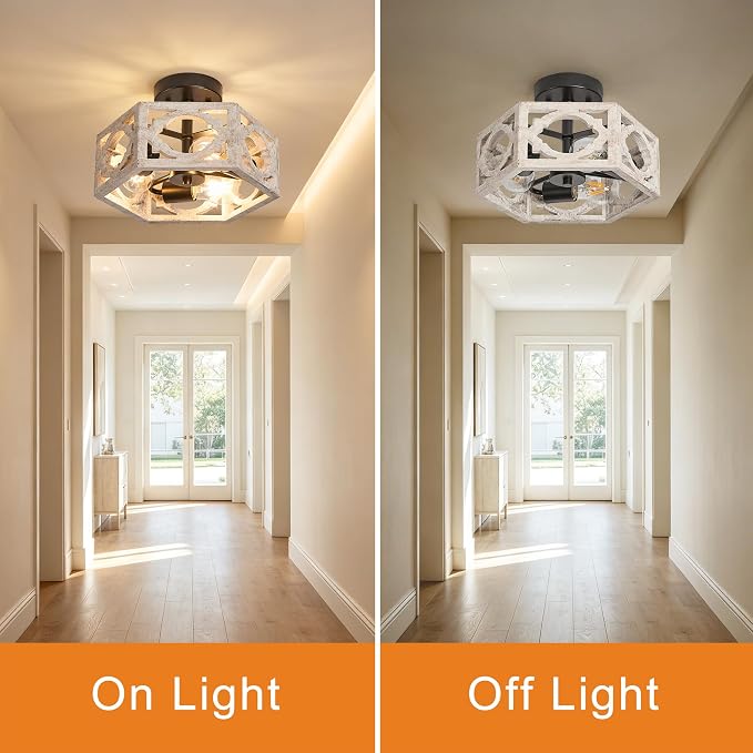Farmhouse Semi Flush Mount Ceiling Light,Distressed White Hexagon Rustic Carved Wood Fixture for Kitchen Bedroom Hallway Dining Room Entryway,Close to Ceiling Light Fixtures,3-Light