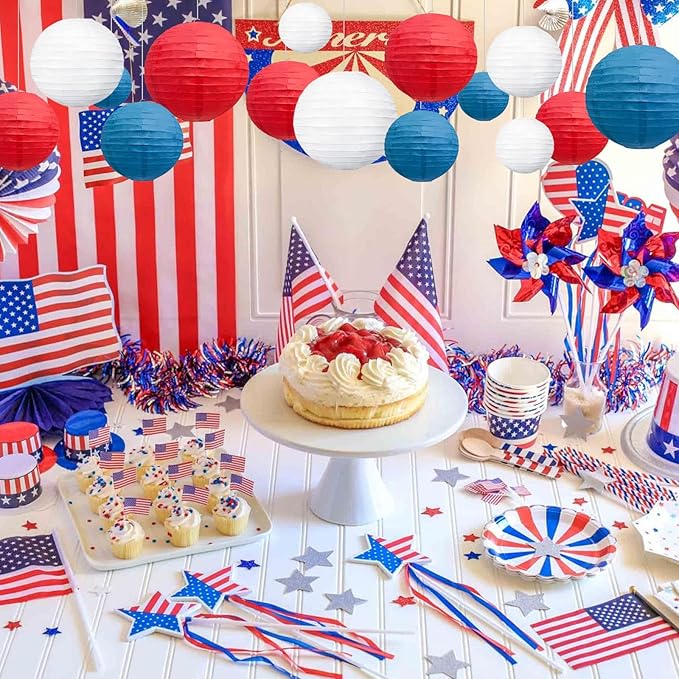 20Pcs Red Royal Blue White Paper Lanterns for Parties, 6” 8” 10” 12” Chinese Asian Hanging Round Paper Lanterns for 4 of July, Independence Day Home Decor Party Decor