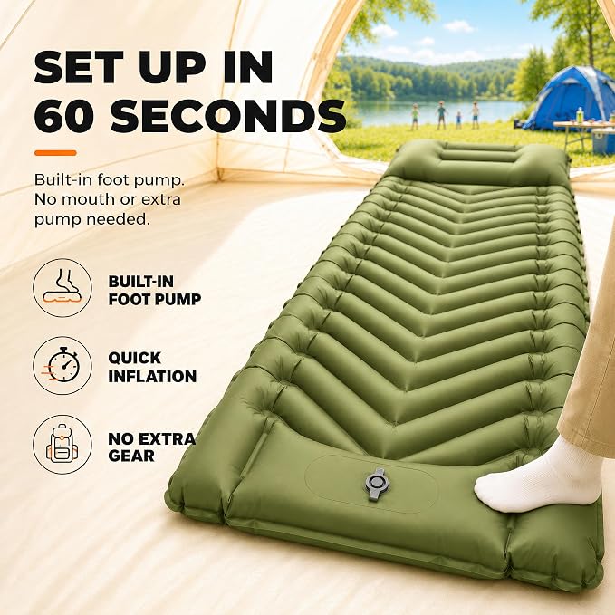 MalloMe Sleeping Pad for Camping, Camping Mattress - Bed for Outdoors Self-Inflating Air Mattress for Backpacking Leak-Resistant Inflatable Travel Mat w/Foot Pump Compact Ultralight Single & Double