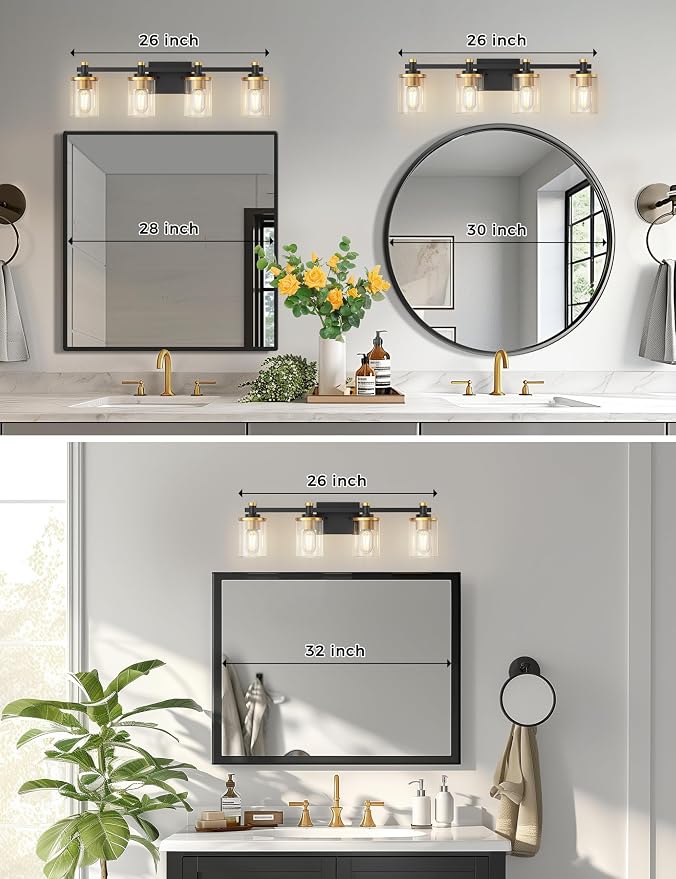 Bathroom Light Fixture, Bathroom Vanity Light Over Mirror, 4-Lights | Vanity Lights for Bathroom, Modern Lighting Fixtures with Clear Glass Shade, Black and Gold Vanity Lights, ETL Listed