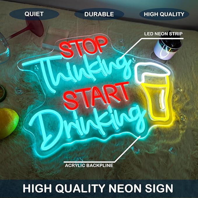 Stop Thinking Start Drink Beer Neon Sign Fun LED Bar Wall Decor Neon Lights for Pubs, Light Up Sign for Home Bar Man Caves Party Club Restaurant & Basements