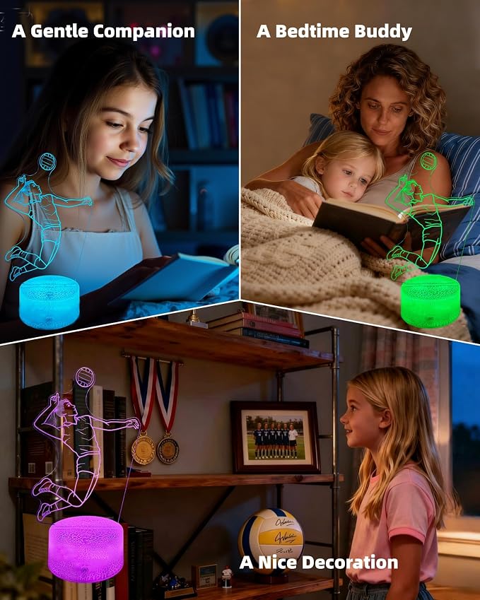 Volleyball 3D Illusion Night Light for Girls, Volley Player Lamp | 16 Colors Changing, Dimmable, Touch & Remote Control, Room Bedroom Décor, Birthday Christmas Teen Kid Women Sport Fan Gift