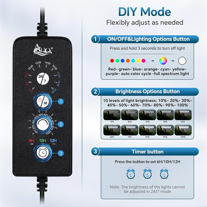 AQQA 19.09 Inch Submersible Aquarium Light, 24/7 Mode Fish Tank Light | 7 Adjustable Angles, 9 Color Options, 4 Rows Beads, Dimmable & Timer Control, IP68 Waterproof Full Spectrum Plant Light