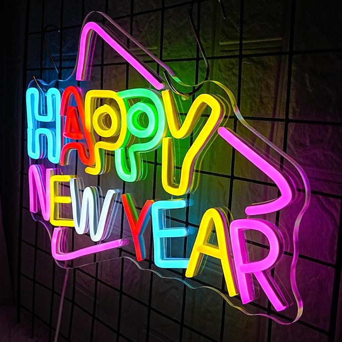 Happy New Year Neon Sign - Colorful Holiday LED Letter Wall Art, Xmas Cheers Signage, Christmas Wall Decorations