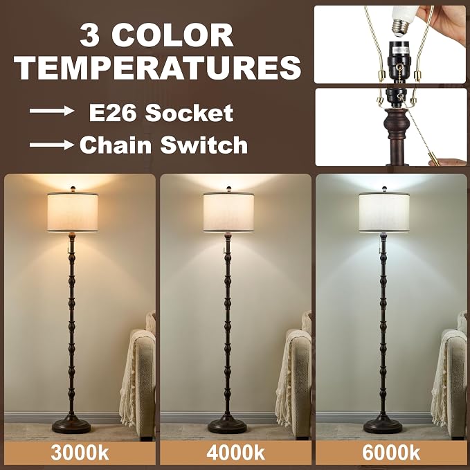 63.5'' Floor Lamps for Living Room, Farmhouse Floor Lamp for Bedroom with 3 Color Temperatures, Vintage Standing Lamps for Living Room, Living Room Light, Chain Switch, Bulb Included, Black