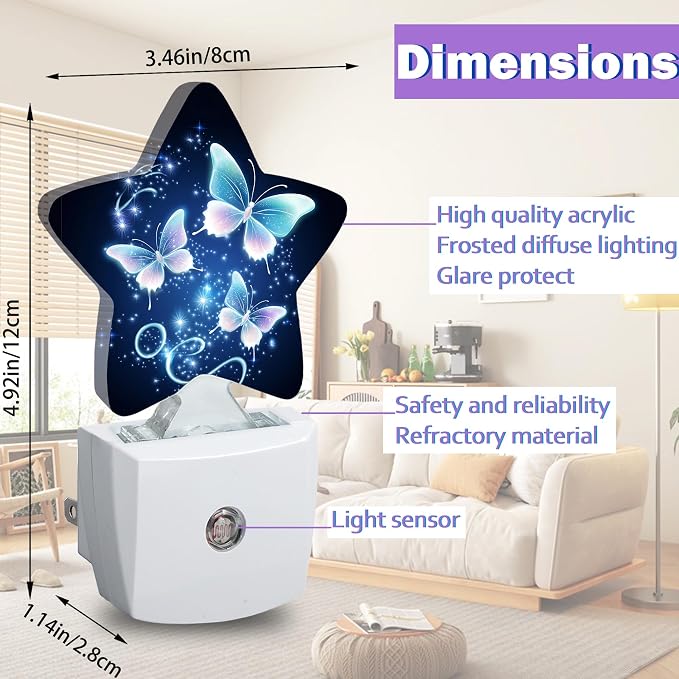 Glitter Butterfly Night Lights Plug Into Wall,Navy Blue Dusk to Dawn Light Sensor Night Light for Kids, Energy Efficient Sleep Friendly Lamp for Bedroom Bathroom Nursery