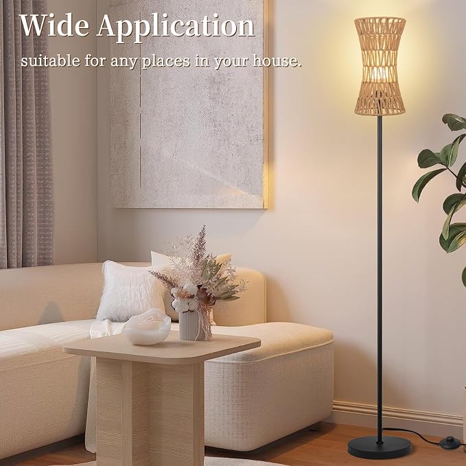 Ruiever Floor Lamp for Living Room,Farmhouse Floor lamp,Modern Standing lamp with Hand-Worked Rattan Shade (Slim Waist Rattan Shade-3 Color Bulb)