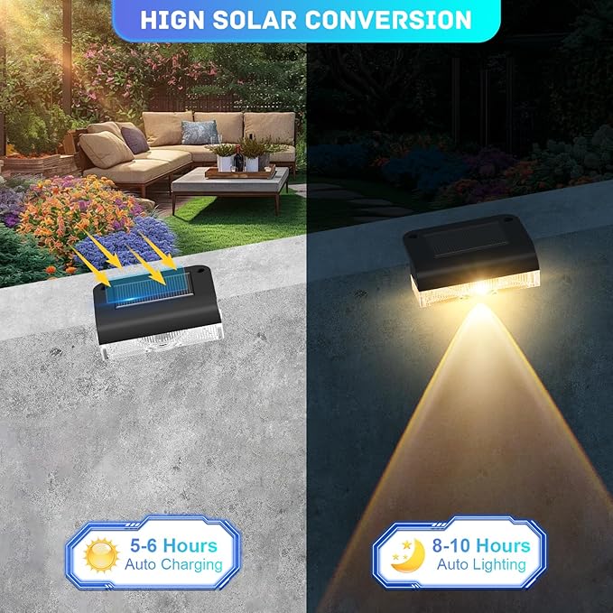 Solar Fence Lights Outdoor, LED Solar Deck Light Waterproof, 8 Pack Balcony Lights Outside Solar Powered for Outdoor Stairs, Step, Railing, Yard, Patio Decor, Warm White