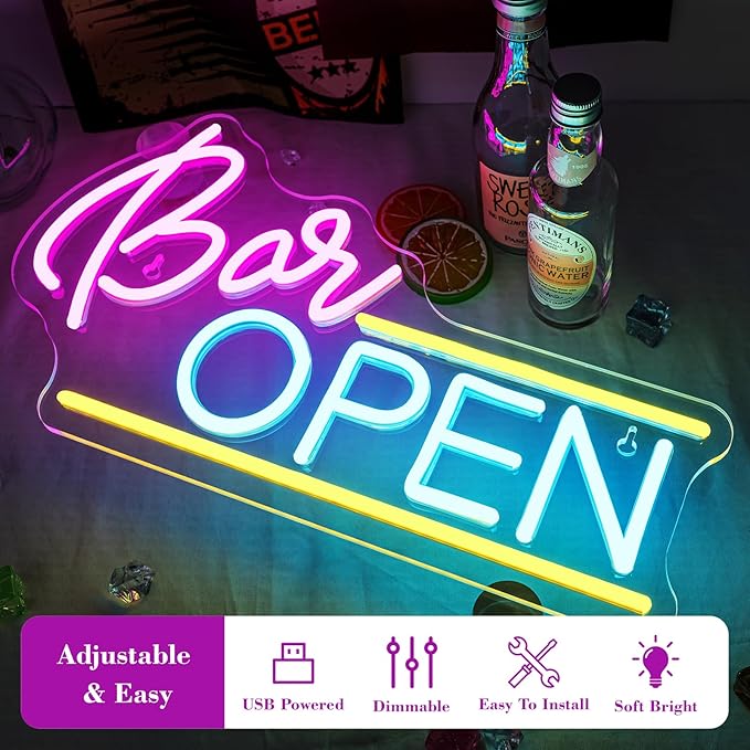 WX&YH Bar Open Neon Sign Led Sign for Wall Open Home Bar Decor Open Bar Neon Lights Signs for Business Window Pub Cafe Man Cave Club Restaurant Open Sign Decor Gifts to Club Party