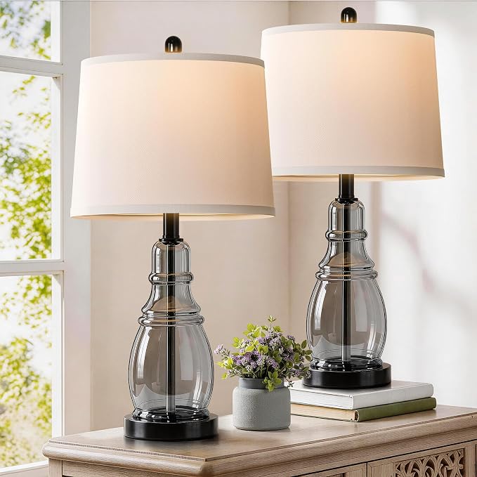ROTTOGOON Glass Table Lamp Set of 2, Modern Table Lamps for Living Room Bedroom, Bedside Desk Lamps Vintage Nightstand Lamps with Linen Shades, 22", Black