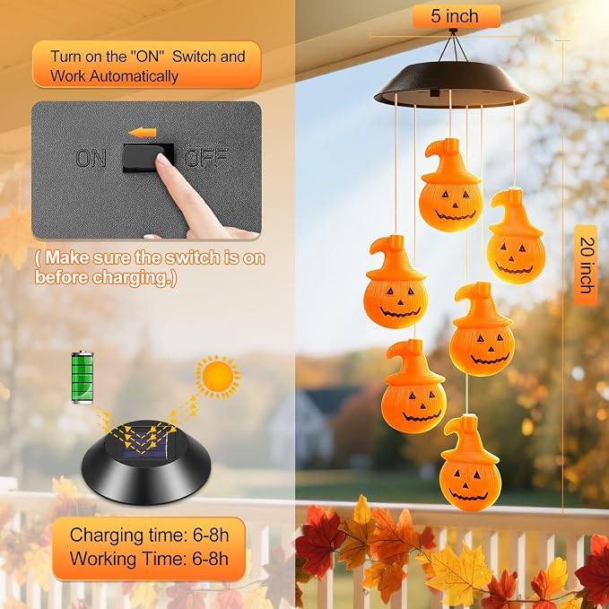 Winzwon Halloween Decorations Fall Decor Solar Pumpkin Outdoor Lights | Birthday Gifts for Women, Autumn Garden Yard Patio Porch Decor Hanging Wind Chimes for Outside