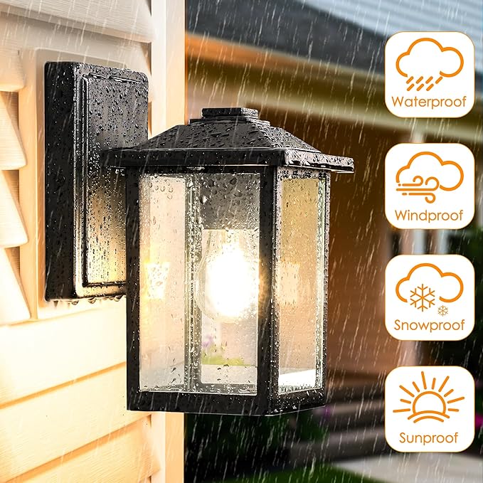 Outdoor Wall Lantern, Exterior Waterproof Wall Sconce Lighting Fixture, Black Front Door Light with Glass, Anti-Rust Porch Lamp