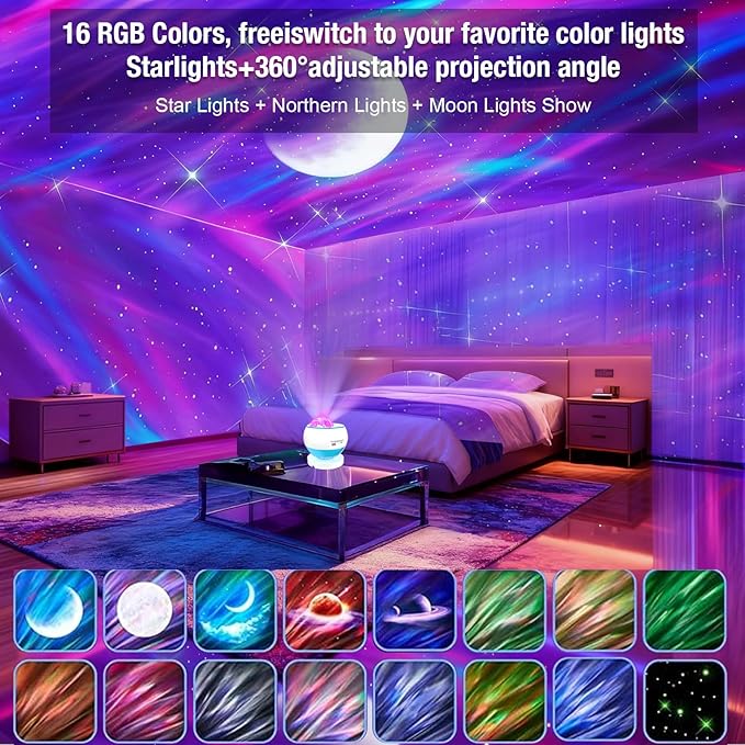Northern Lights Projector,Star Projector for Bedroom,3 HD Projection Lenses Galaxy Projector,Bluetooth Speaker Star Projector,Moon Projector,Aurora Light Projector,Room Decor,Lights for Bedroom