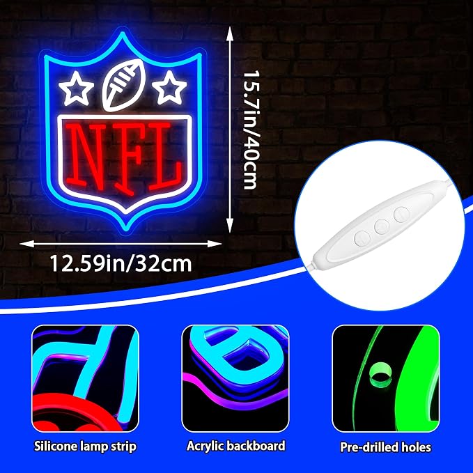 Football Neon Sign for Wall Decor Football Led Neon Light for Man Cave | Dimmable Rugby Logo Sign for Bedroom Club Bar Game Room Party Garage Decor Birthday Gift for Rugby Fans Size15.7*12.6 In