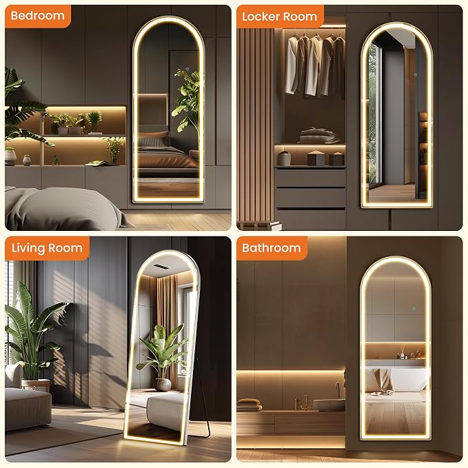 Sweetcrispy Arched LED Full Length Floor Mirror, 71"x26" Full Body Mirror | Standing Mirror with Dimming & 3 Color Lighting, Shatterproof Tempered Glass, Wall Hanging or Leaning for Home Decor, White