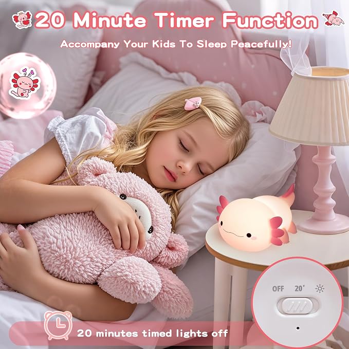 FAMIDUO Pink Axolotl Lamp, Food-Grade Silicone Squishy Night Light for Kids | 2-Level Touch Dimmable ,20-Min Auto-off Timer, Rechargeable Anti-Blue Warm Glow Nursery Bedside Decor, Cute Gifts for Girls
