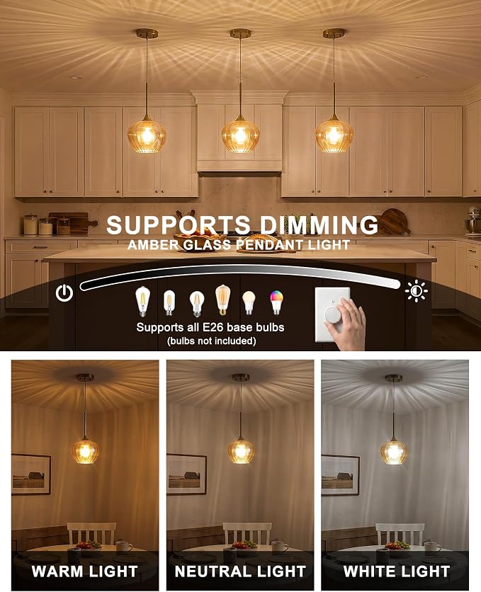 Amber Glass Pendant Lights Kitchen Island, 7.7" Vintage Adjustable Pendant Lighting Gold Hanging Light Fixtures for Kitchen, Dining Room, Sink, Bathroom