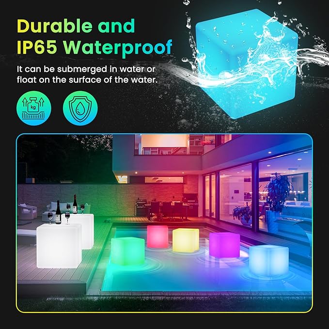 LOFTEK 16-Inch Rechargeable LED Cube Chair Light, 16 RGB Colors Glow Cube Seat w/Remote, Waterproof LED Cube Table, Color Changing Cubes Floor Lamp, Home Bedroom Patio Party Decorative Lighting
