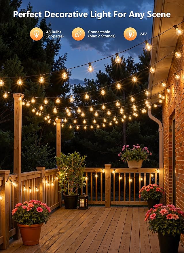 Brightown Outdoor String Lights, 100FT Shatterproof LED Patio Lights with 46 Dimmable Plastic G40 Bulbs, 2700K Waterproof Connectable Hanging String for Backyard, Cafe, Porch, Deck, Home Decor