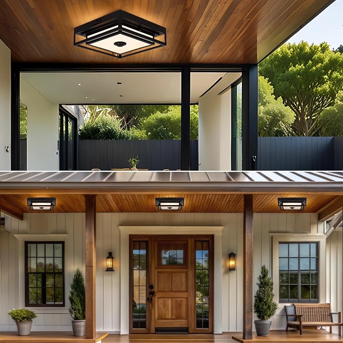 Motion Sensor Outdoor Ceiling Light LED Flush Mount Porch Ceiling Lights | 10.5" Square Dusk to Dawn Exterior Light Fixture, Modern Black Front Porch Ceiling Light, Patio Ceiling Lights Waterproof