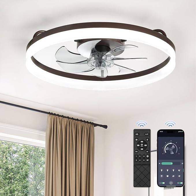 LEDIARY 20" Low Profile Ceiling Fans with Lights, APP & Remote, Brown | Flush Mount, Dimmable LED, Quiet DC Motor, Reversible, 6 Speeds, Fandelier, for Bedroom