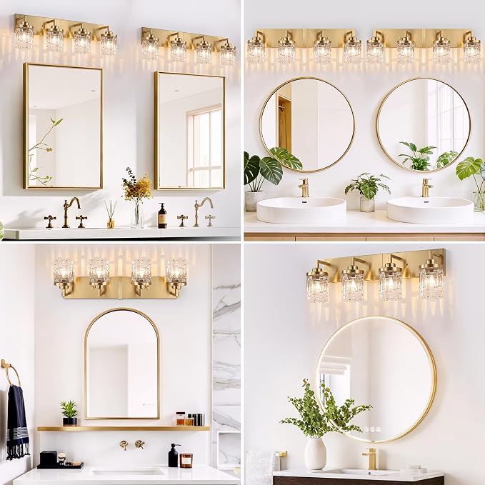 maesta Gold Bathroom Light Fixture,4 Light Modern Vanity Light Over Mirror | Modern Vanity Light, Gold Metal & Crystal Glass Fixture, Anti-Rust, Easy to Install for Bathroom Hallway Bedroom Entryway