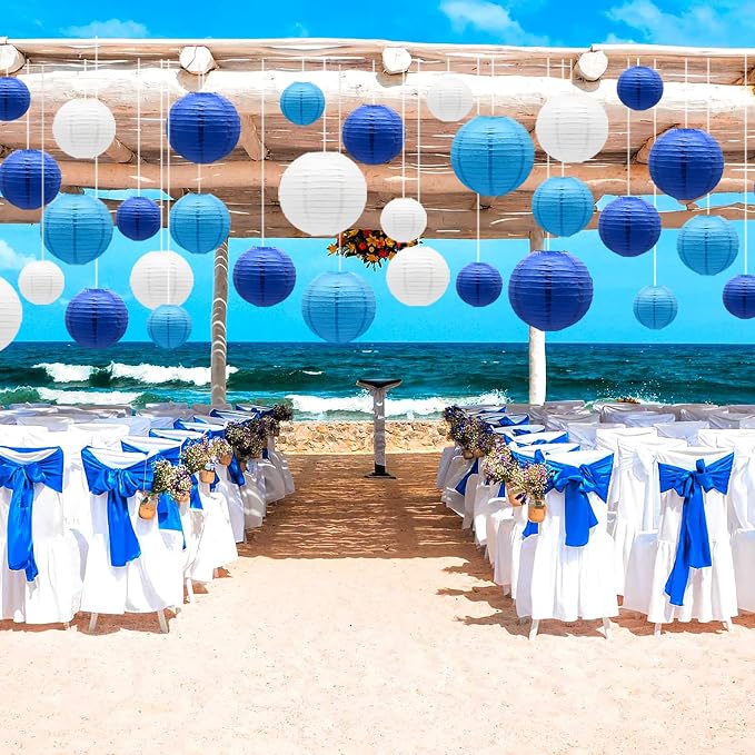 21- Pack Blue Paper Lanterns, Hanging Round Party Decorations | Reusable Indoor & Outdoor Decor for Anniversary, Graduation, Wedding, Birthday, Baby Shower Decorations, 4/6/8/10 inches