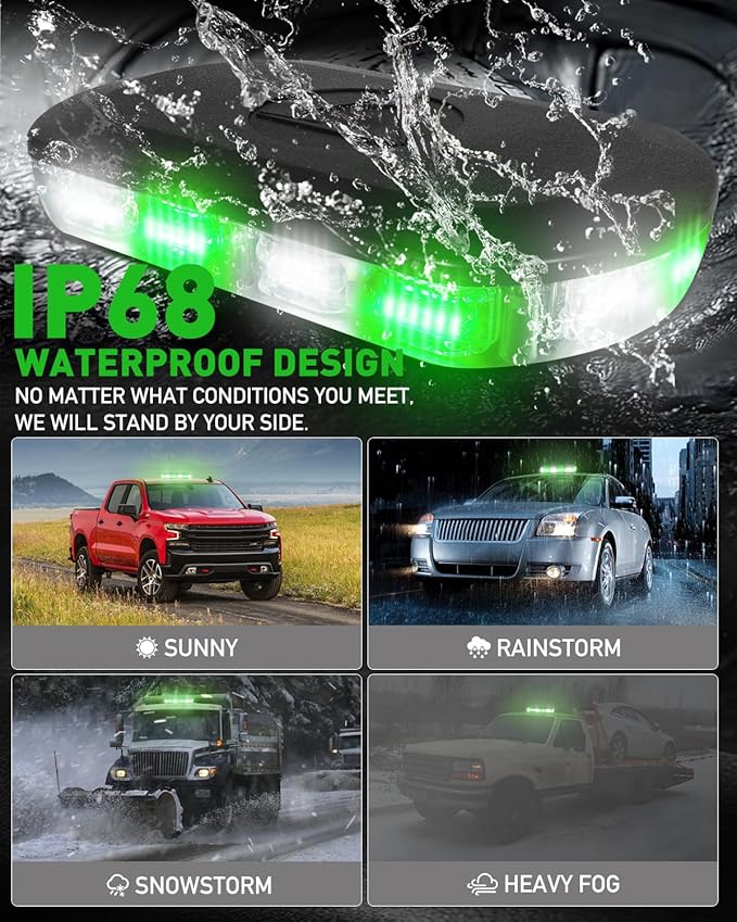 HLauto 700A Rooftop Emergency Strobe Lights Bar, 72 LED Green White Mini Beacon Safety Flashing Warning Traffic Lights Bar w/Magnetic Base for 12-24V Trucks, Construction Vehicles, Snowplow, Cars