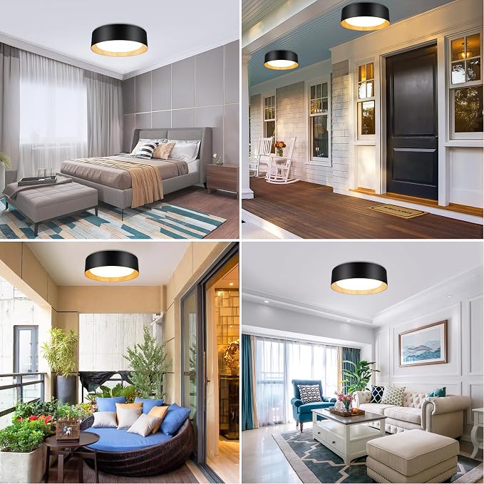 Flush Mount Ceiling Light, 13in Modern Ceiling Light 5 Color Temperature | 25W Bathroom Ceiling Light Fixture, 2600LM Dimmable LED Flush Mount Light for Bedroom, Hallway, Kitchen, Black & Wood, 2-Pack