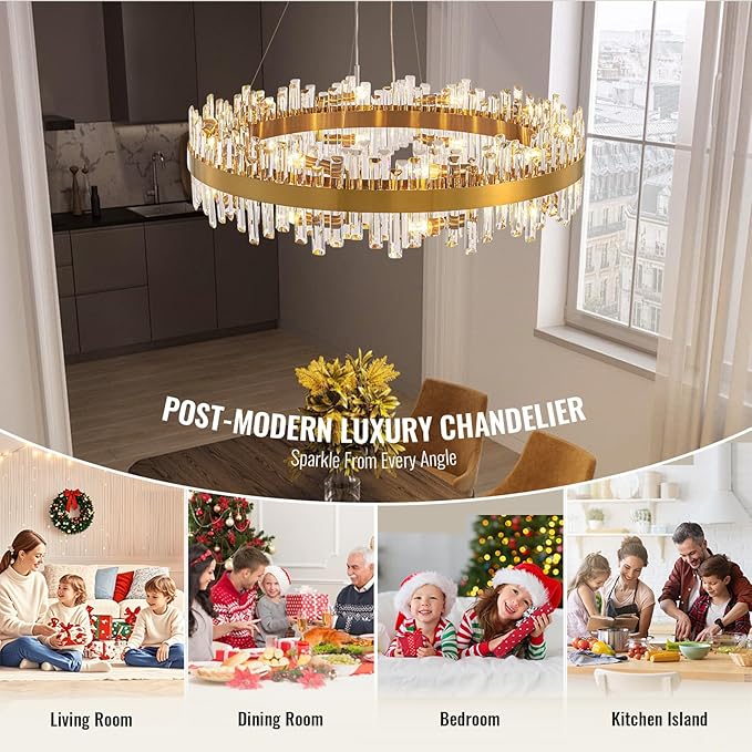 Siljoy Modern Crystal Chandelier, 20-Light Luxury Gold 2-Tiers K9 Crystal Raindrop Chandelier, Large Dimmable Crystal Pendant Ceiling Light for Dining Room Living Room Foyer Entryway D39.4''