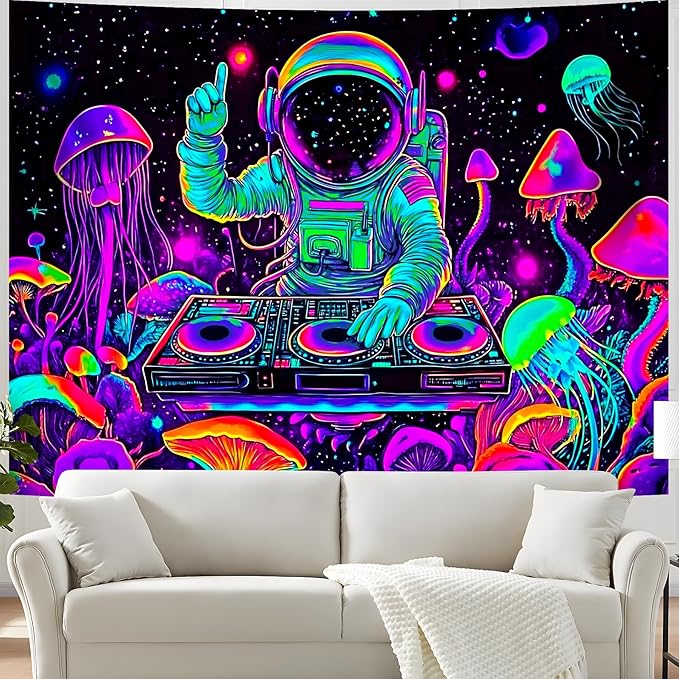 BVBOX Blacklight Space Astronaut Tapestry UV Reactive Galaxy Planet Glow in Dark Tapestries Black Light Poster Neon Wall Hanging Art for bedroom Living Room (Astronaut DJ 1-3M)