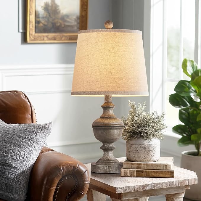 Retro Table Lamps Set of 2, Bedside Lamp for Bedroom Rustic Farmhouse Table Lamps for Living Room, Vintage Nightstand Lamps with White Shades, Grey