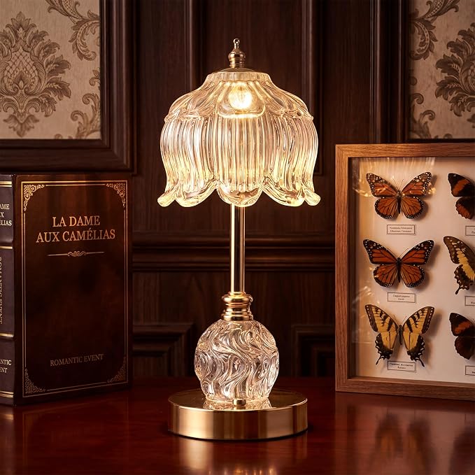 Flower Battery Operated Rechargeable Lamp Cordless, Lily, Clear | Small, Vintage, Gold, Wireless, LED, Dimmable, Table, Home Decor, Bedroom, Bedside, Nightstand, Birthday Gifts for Women