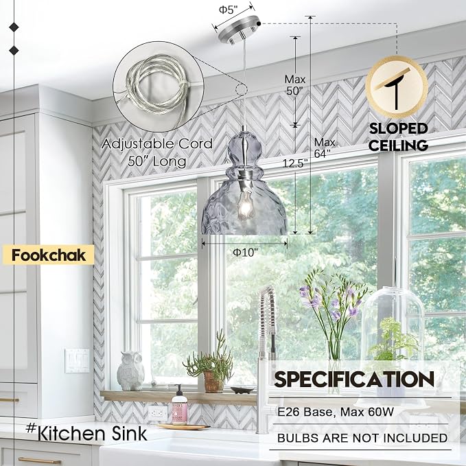 Hammered Glass Pendant Light Smoked Grey Kitchen Island Lights 10in Large Chrome Pendant Hanging Light for Dining Room Kitchen Sink Hallway Entrance, E26