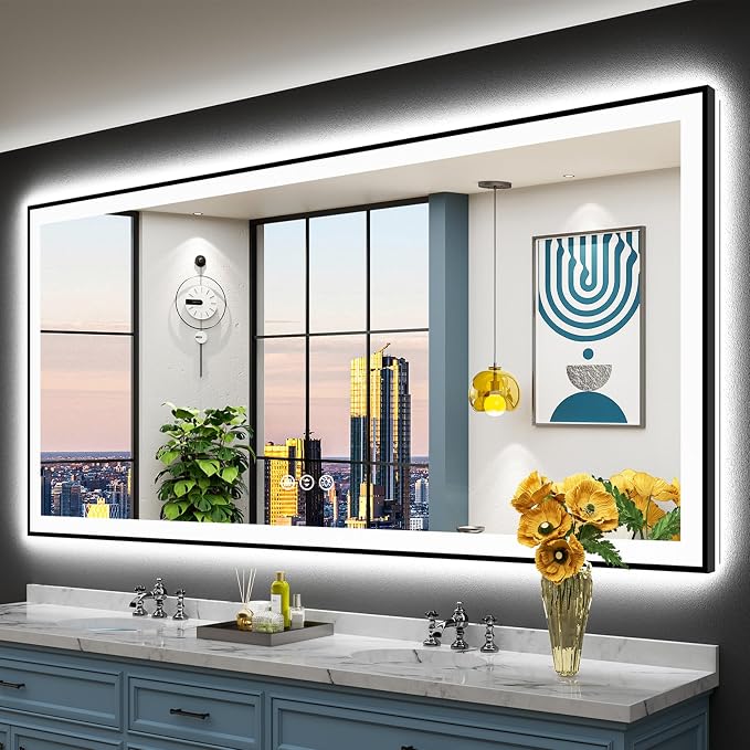 84x40 Black LED Bathroom Mirror, Backlit & Front Lit Lighted Mirror | Metal Framed Anti-Fog Vanity Mirror with Lights, 3 Color Dimmable, Memory, HD Tempered Glass, CRI95, UL Listed, Wall Mounted