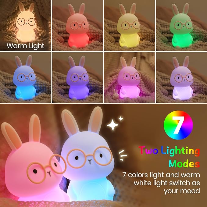 Bunny Night Light for Kids, Soft Silicone Nursery Lamp, 7-Color Glow, 3-Level Dimmable Warm Light, Tap Control, 30Min Timer, Rechargeable, BPA-Free, Easter & Birthday Gift, Baby Room Decor, White