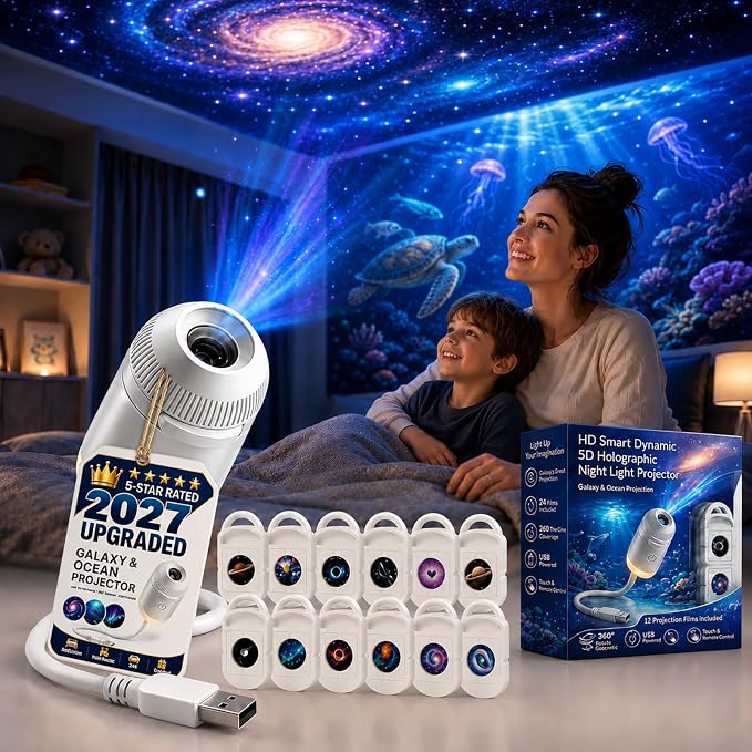2027 New Hd Smart Dynamic 5d Holographic Night Light Projector, 2-in-1 Ocean Wave Ceiling Projector, 360° Adjustable Gooseneck, USB Powered Rotating Night Light for Bedroom (Starry Sky with 12 Films)