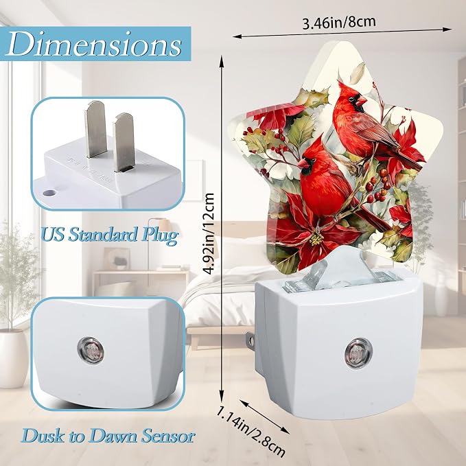 Red Cardinal Bird Flowers Plug-in Night Light with Dusk-to-Dawn Sensor for Bathroom,Bedroom and Hallway Sleep Friendly Lamp for Women/Girls/Boys Gift,0.5w