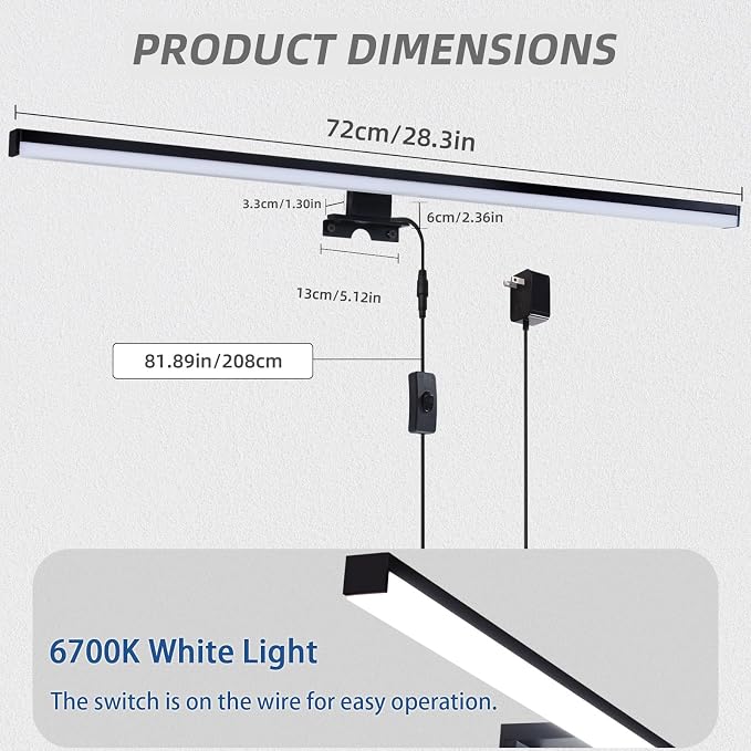 28" Plug in Bathroom Light Fixtures,Vanity Lights Bar,Picture Light | Modern Black,Non-Dimmable,6700K,with Switch,LED,Over Mirror,Wall Lights,Make up light,for Bedroom/Art/Poster/Cabinet