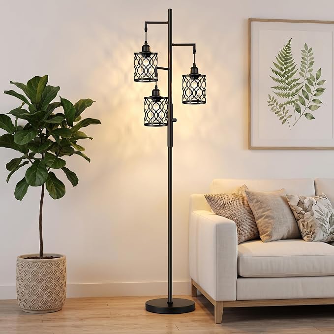 73" Dimmable Farmhouse floor lamps for living room, Industrial Tree Floor Lamp with 3 X 6W LED Bulbs, Stepless Dimming, Metal Cage Shades, 3 Light Rustic Standing Tall Lamp for Bedroom, Office, Black