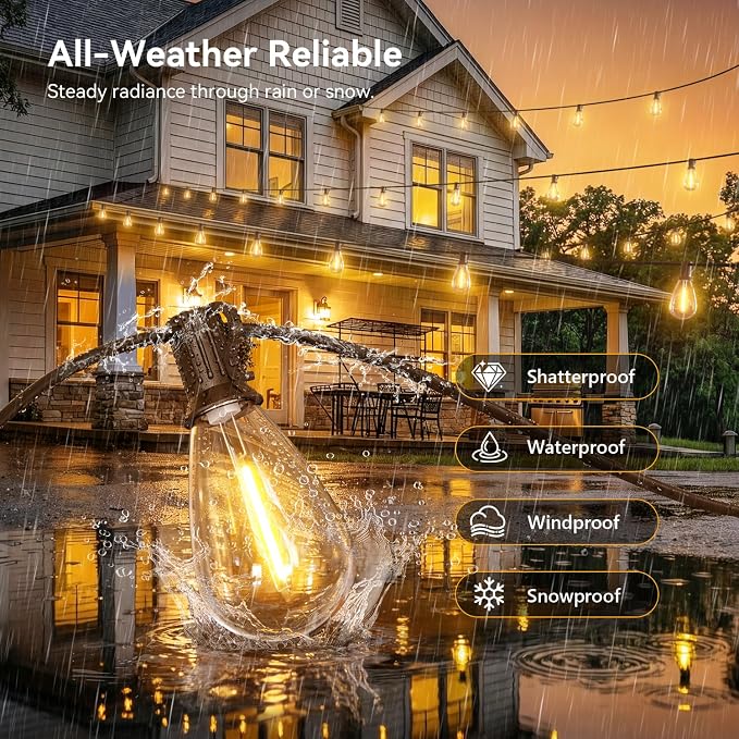 50FT Outdoor String Lights with Remote, Waterproof Patio Lights with 18+1 Shatterproof LED Bulbs,Dimmable Hanging Decor for Backyard Garden Porch Bistro, Timer & 3 Modes,2200K Warm White