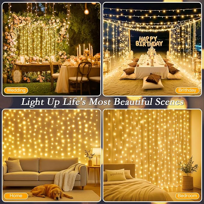 200 LED Warm White Curtain String Lights 9.8x6.6FT, Plug in Fairy Lights with 9 Hooks, Dimmable, Timer & 8 Modes, IP44 Waterproof, Bedroom Wall Wedding Party Christmas Indoor Outdoor Decor
