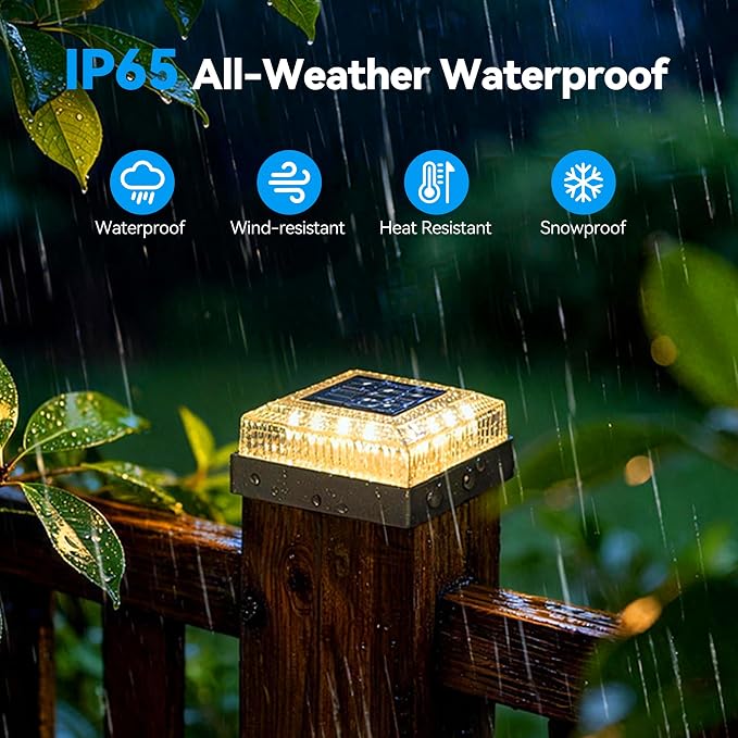Solar Post Cap Lights for 4x4 Wood/Vinyl Fence Posts, 2-Pack | 4x4 Post Solar Lights, IP65 Waterproof, 10-12 Hours of Illumination with 3 Lighting Modes for Garden/Patio/Porch, Black